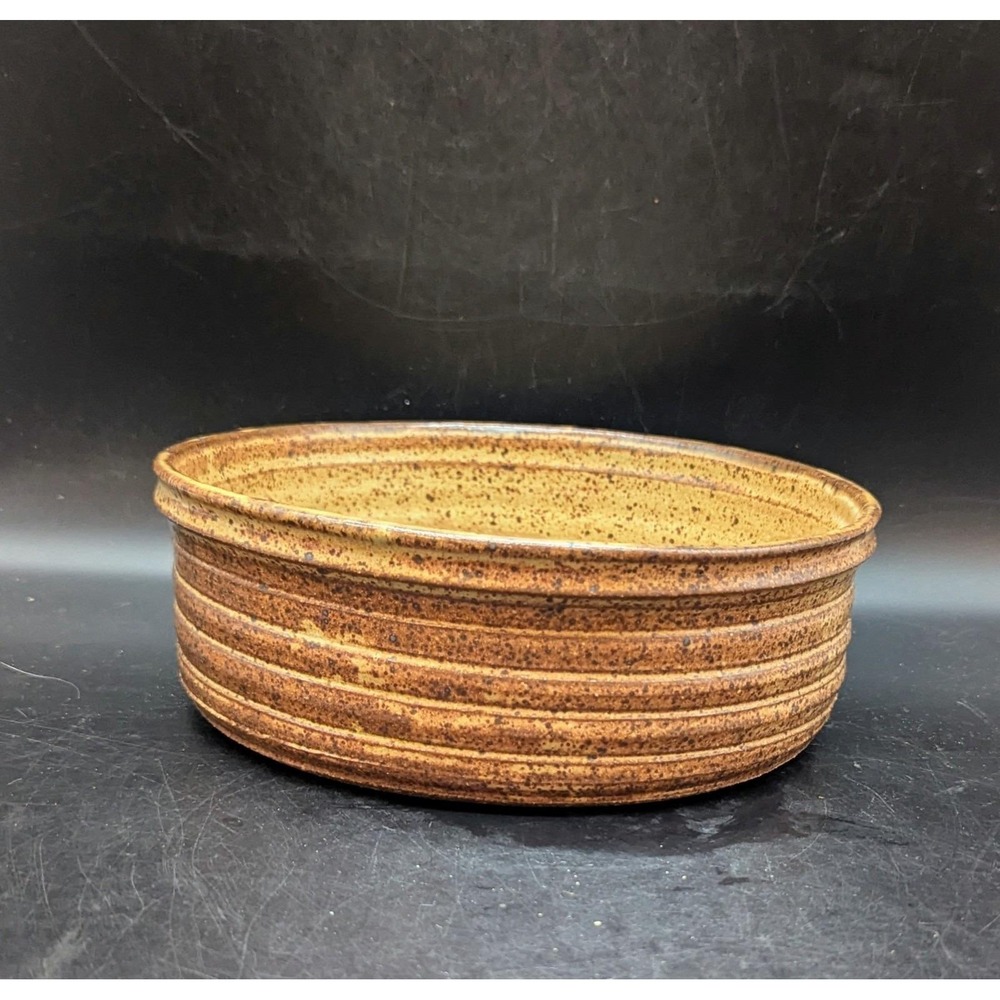Vintage Studio Art Pottery 9" Tan Speckled Glaze Console Fruit Bowl Signed SEH 3